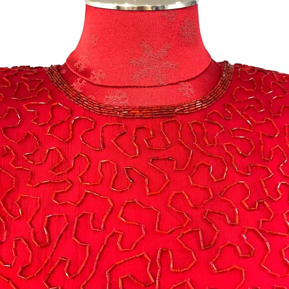 Vintage Laurence Kazar red silk top with beaded design Size S short sleeves - Picture 3 of 13